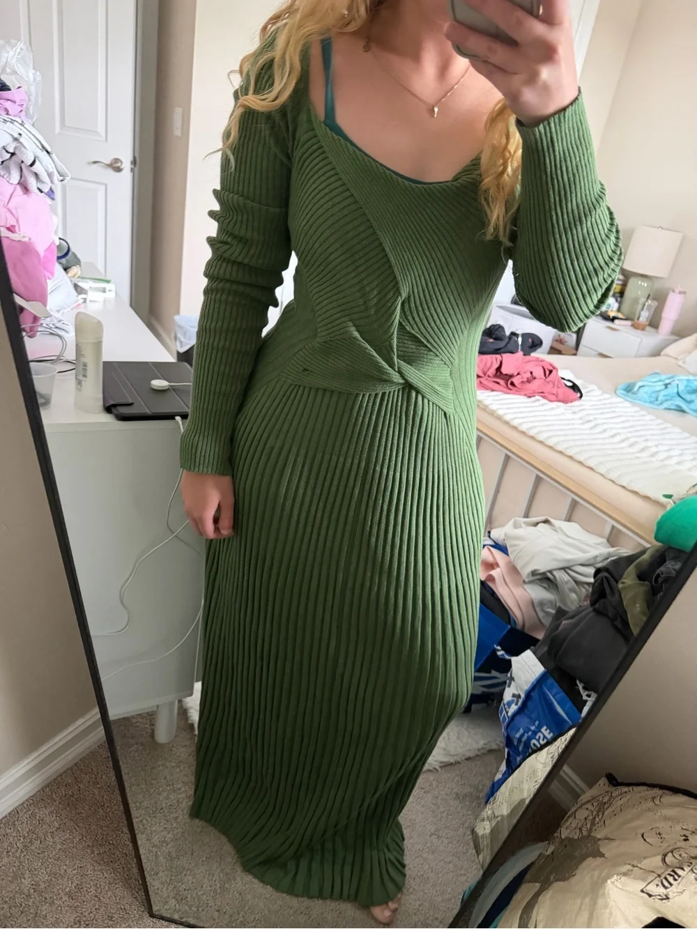 Free People Olive Green Long Sleeve Ribbed Twist-Front Maxi Dress